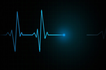 Naklejka na ściany i meble Heartbeat line cardiogram or ECG on blue abstract background. EKG measurement on monitor blue neon line modern graphic