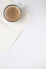 Desktop with coffee on white isolated background