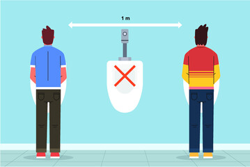 Social distance in washroom urinal. Covid 19 poster for washroom and toilet. People are maintain social distancing in office toilet. Keep distance poster for public toilet