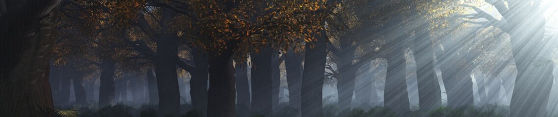 Forest at night in the rays of the moon, fabulous night forest in the fog, 3D rendering