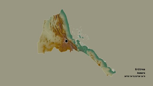 Gash Barka, region of Eritrea, with its capital, localized, outlined and zoomed with informative overlays on a relief map in the Stereographic projection. Animation 3D