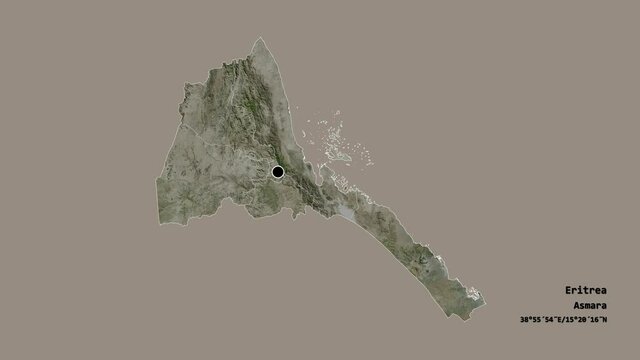 Gash Barka, region of Eritrea, with its capital, localized, outlined and zoomed with informative overlays on a satellite map in the Stereographic projection. Animation 3D