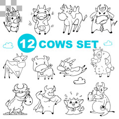 Set of funny black and white cows and bulls isolated on a white background