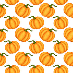 Cartoon watercolor orange pumpkin seamless pattern. Symbol of fall season, harvesting. Hand drawn  elements on white background for design autumn poster, card, fabric, wrapping paper, scrapbooking