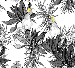 Seamless Watercolor Tropical Pattern with Birds and Palm Leaves  and Doodle Bushes Black on White Background
