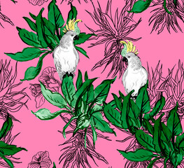 Seamless Watercolor Tropical Pattern with Birds and Palm Leaves  and Doodle Bushes on Pink Background