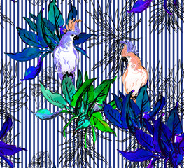 Seamless Watercolor Tropical Pattern with Birds and Palm Leaves  and Doodle Bushes on Blue Stripes