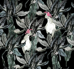 Seamless Watercolor Pattern White Parrots Birds on Palm Leaves in Tropical Jungle Exotic on Black  Background 