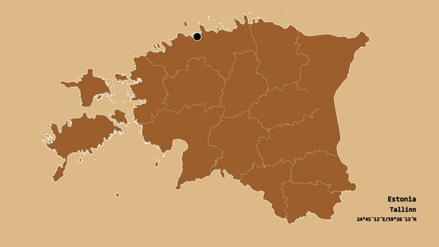 Ida-Viru, county of Estonia, with its capital, localized, outlined and zoomed with informative overlays on a solid patterned map in the Stereographic projection. Animation 3D