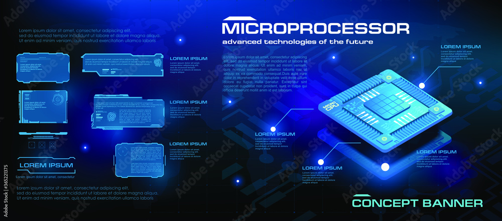 Poster powerful microprocessor of the future. hi-tech. new generation processor for processing and storing 