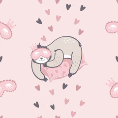 Vector seamless pattern girl sloth bear sleeps on a pillow in a sleep mask. Pattern for printing on textiles, paper, wallpaper, packaging.
