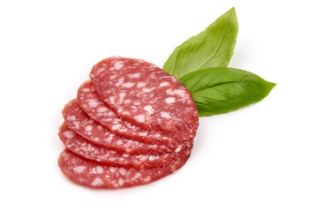 Salami sausage slices, isolated on a white background