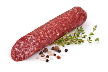 Italian dry sausage, isolated on white background