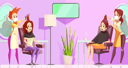 two females hairdresser wearing face mask and haircut client, making haircut using metal scissors and comb. New Normal concept. Hand drawn in thin line style, 