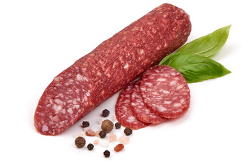 Smoked salami sausage, isolated on white background