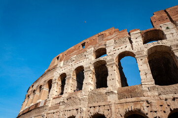 Architectural details of the facade of the Colosseum (Coliseum) or Flavian Amphitheatre, the...