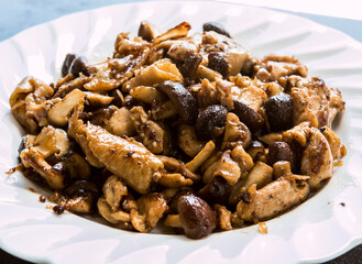 Fried chicken with shiitake mushroom in plate, in door  Chiangmai Thailand