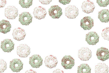 Christmas meringue candies, sweets, white and green christmas candies. background, christmas theme, wrapping paper, holidays, pattern design, candy cane, trendy colors