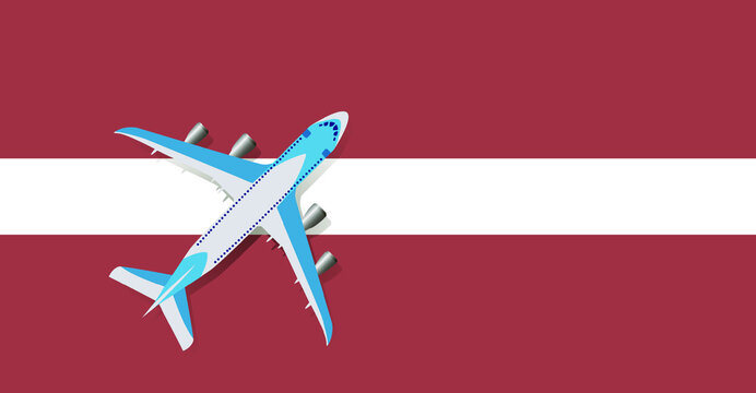 Vector Illustration of a passenger plane flying over the flag of Latvia. Concept of tourism and travel