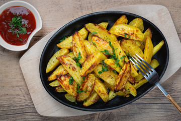 Fried potatoes in a rural style, with spices and ketchup. On rustic pan, on a wooden table