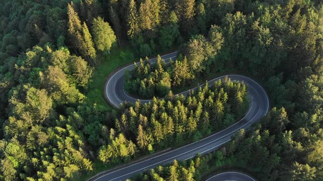 Aerial view of beautiful winding mountain road