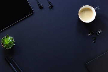 Top view flat lay of business working place. Empty workspace on table. Mockup