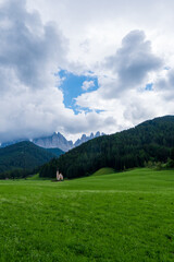 Fototapeta na wymiar The chapel St. Johann in the Funes valley , South Tyrol, Italy