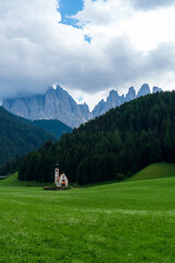 Fototapeta na wymiar The chapel St. Johann in the Funes valley , South Tyrol, Italy