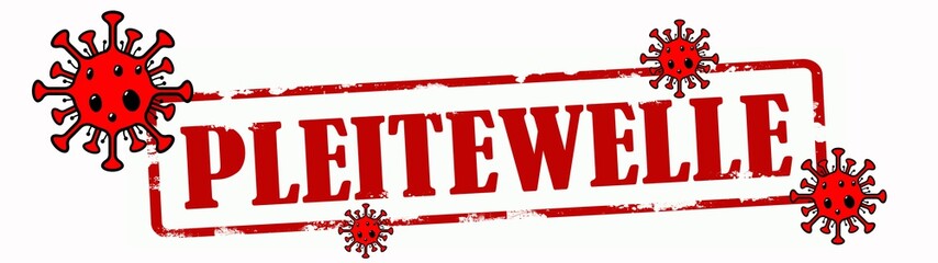 CORONAVIRUS - Roter zerkratzen Stempel Banner Aufkleber mit den Worten: PLEITEWELLE", mit Virus Symbol, isoliert auf weißem Hintergrund