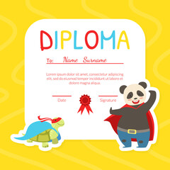 Kids Diploma Template with Place For Your Text, Preschool, Kindergarten Children Certificate with Cute Superhero Animals Vector Illustration .