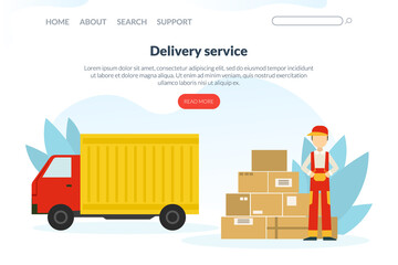 Delivery Service Landing Page Template, Delivery Truck with Cardboard Boxes and Male Courier, Homepage, Mobile App, Website Design Flat Vector Illustration