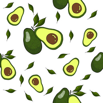 Seamless pattern with Avocado on white background.
Cartoon style vector illustration. Design for textile, wrapping paper, kitchen print, wallpaper, cafe decor, farmers market.