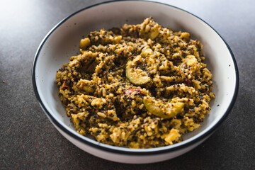 plant-based food, vegan pesto quinoa and rice with mediterranean vegetables