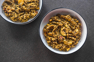plant-based food, vegan pesto quinoa and rice with mediterranean vegetables