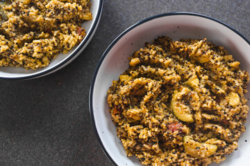 plant-based food, vegan pesto quinoa and rice with mediterranean vegetables