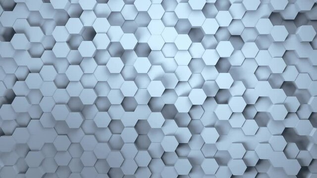 3D blue geometric hexagon abstract background. Moving wall. honeycombs. Animation loop 4. 3d rendering