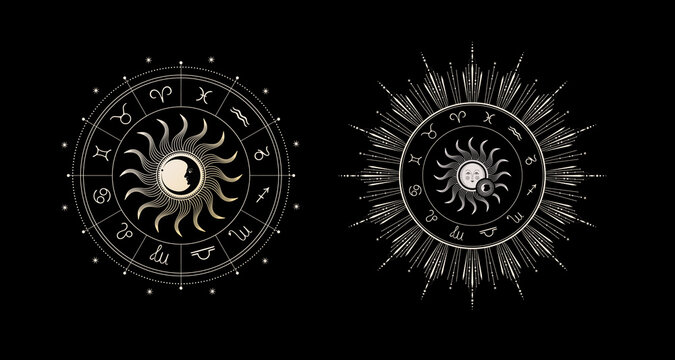 Sun, stars and crescent. Moon face. Vintage illustrations.
