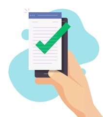 Approved and confirmed document file check online on person mobile phone or quality control of text writing and creating icon flat cartoon, smartphone digital accepted or certified license form