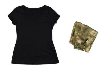 Black t-shirt and green camouflage pants on a white background, t shirt mock up