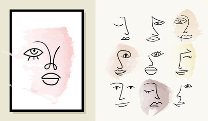 Set of various abstract hand drawn faces on watercolor background. Modern one line drawing collection with woman and man faces on watercolor shapes. Portrait in minimalist style.