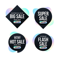 Modern black banners set with dispersion effect shapes. Trendy banner with rainbow shapes for black friday, season special offer, sale and discount. Memphis and hipster style. Vector illustration