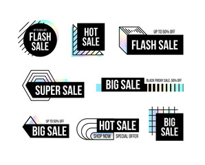 Modern black banners set with dispersion effect shapes. Trendy banner with rainbow shapes for black friday, season special offer, sale and discount. Memphis and hipster style. Vector illustration