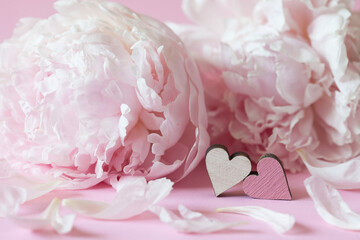 Light pink peonies, two decor hearts and petals on a pink background, postcard. Blur, selective focus.
