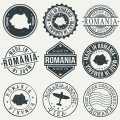 Romania Set of Stamps. Travel Stamp. Made In Product. Design Seals Old Style Insignia.