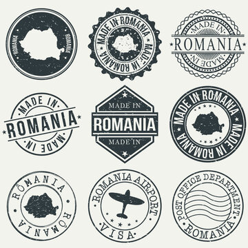 Romania Set of Stamps. Travel Stamp. Made In Product. Design Seals Old Style Insignia.