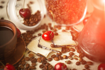 spilled coffee beans, and cheese