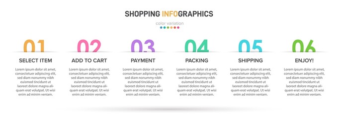 Concept of shopping process with 6 successive steps. Six colorful graphic elements. Timeline design for brochure, presentation, web site. Infographic design layout.