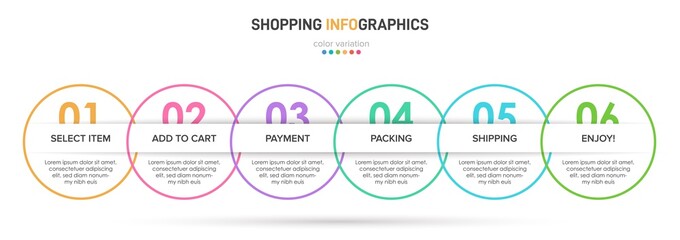 Concept of shopping process with 6 successive steps. Six colorful graphic elements. Timeline design for brochure, presentation, web site. Infographic design layout.