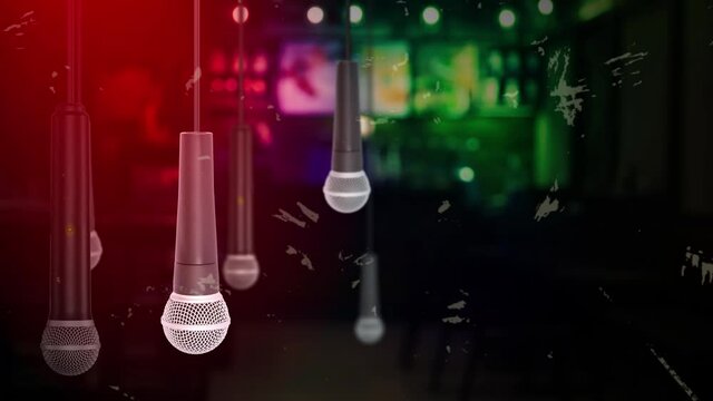Microphone for sound, music, karaoke in audio studio or stage. Mic technology. Voice, concert entertainment background. Speech broadcast equipment. Live pop, rock musical performance