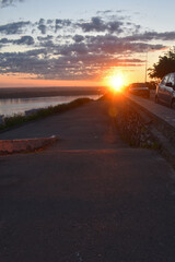 bright dawn on the street of the city